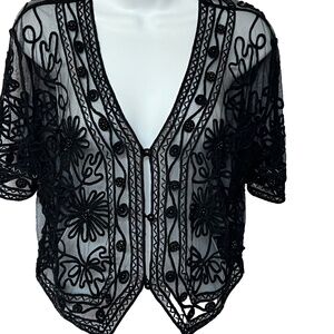 Valenti Beaded Black Lace Top Size L Deep V Neck 3 button 100% Rayon